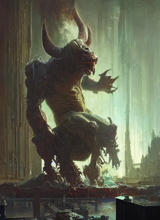 Image similar to hulking brute demon sitting on throne in science fiction hall, by sergey kolesov and lawrence alma tadema and norman rockwell and greg staples and craig mullins and john berkey and rick berry and jeremy mann, artstation creature art