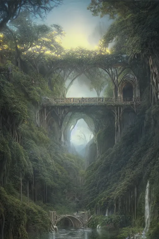 Image similar to Rivendell in the evening, detailed matte painting, cinematic, Alan Lee, Artstation