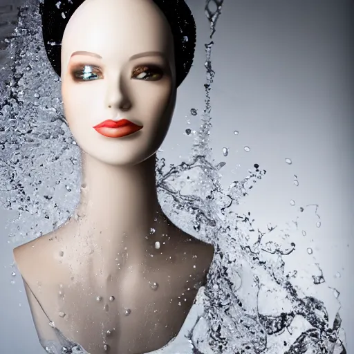 Image similar to a beautiful hat made out of a splashing water, on a mannequin. high quality, high resolution, studio lighting