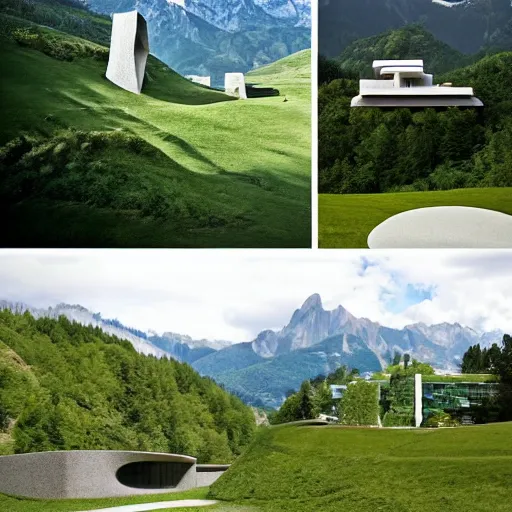 Image similar to lush and beautiful green mountain landscape, with a brutalist futuristic building, architecture, unpainted concrete, swiss alps, dolomites, by aalto alvar, by ando tadao, by chipperfield david, frank lloyd wright, by peter zumthor