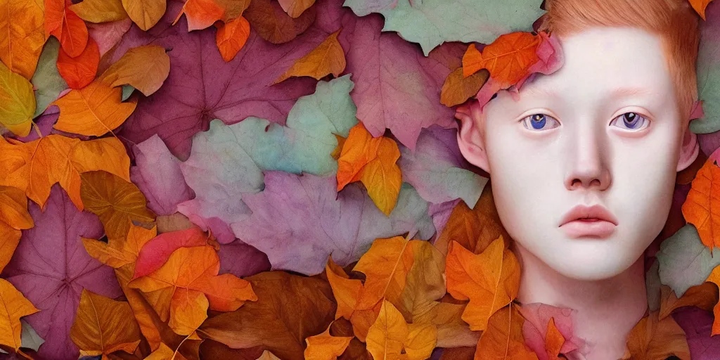 Image similar to breathtaking detailed pattern pastel colors of an ethereal ginger teenager with a face made of autumn leaves, by hsiao - ron cheng, bizarre compositions, exquisite detail, 8 k