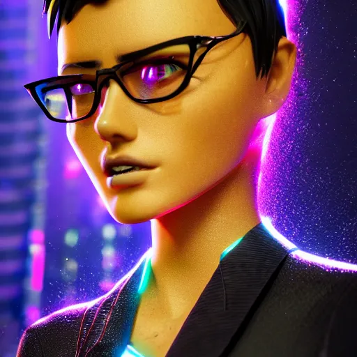 Image similar to epic cartoon women portrait made out of rain, pinstripe suit, short hair, cyberpunk background, rendered in octane, unreal engine, highly detailed, trending on artstation, realistic, splashes of neon, beautiful