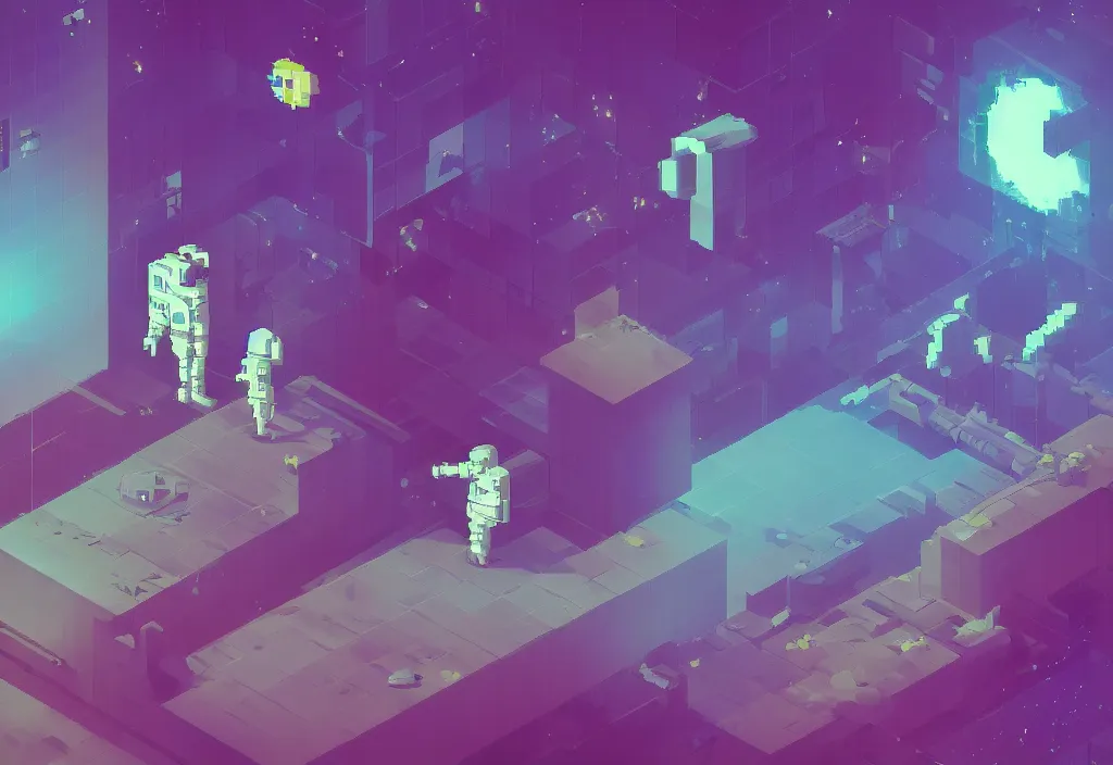 Image similar to isometric pixel art astronaut, vaporwave, cinematic lighting, 4 k