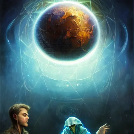 Image similar to the creator of worlds wearing a cloak and holding a holographic planet projection in his hand, detailed, sci - fi, digital painting, artstation, sharp focus, illustration, ominous, artgerm, tomasz alen kopera, peter mohrbacher, donato giancola, joseph christian leyendecker, wlop, frank frazetta