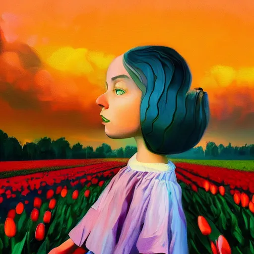 Image similar to dutch girl with singular giant tulip as a face, surreal photography, flower field, sunset dramatic light, impressionist painting, colorful clouds, blue sky, digital painting, artstation, simon stalenhag