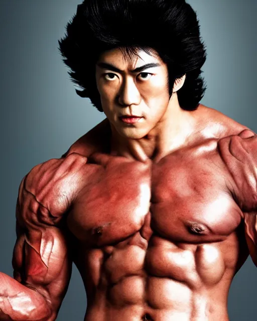 Prompt: Photograph of handsome muscular Japanese actor dressed as Kenshiro from fist of the North Star, photorealistic, photographed in the style of Annie Leibovitz