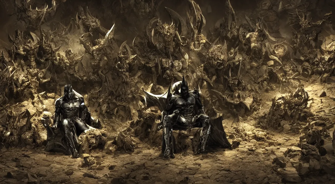 Prompt: deathmetal batman sitting on a throne of skulls, dark cinematic cave environment with hard rim lights and volumetric atmosphere