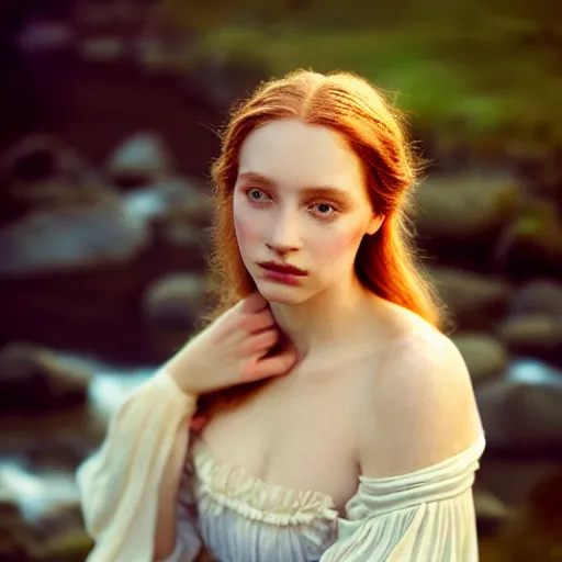 Prompt: plate photography portrait of a stunningly beautiful english renaissance female, in soft dreamy light at sunset, beside a river, soft focus, contemporary fashion shoot, hasselblad nikon, by edward robert hughes, annie leibovitz and steve mccurry, david lazar, jimmy nelsson