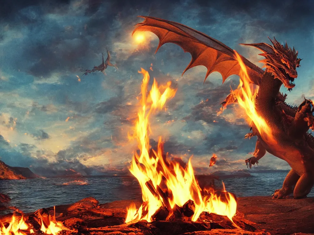 Image similar to a campfire, a dragon flying at background, dragon\'s eyes shining red/yellow seen by far at sky, people talking with each other, sun setting, and sea waves is slow