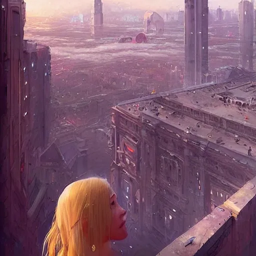 Image similar to a beautiful giant woman over a city, blonde, long hair, by greg rutkowski