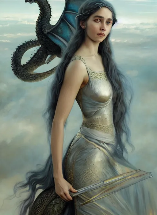 Image similar to a painting of Daenerys Targaryen in fantastic dress next to a dragon, by Jaime Jones,Tom Bagshaw,Lawrence Alma-Tadema,greg rutkowski,deviantart contest winner, fantasy art, daz3d,intricate,elegant,highly detailed,8k,digital painting,concept art, sharp focus, illustration,golden ratio