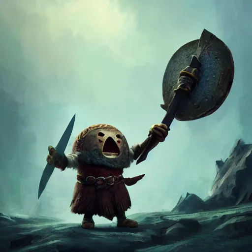 Image similar to viking battle toast, a slice of toasted bread with a face, arms and legs, holding a sword, cute, pixar, volumetric lighting, dynamic composition, fantasy, hyper detailed, ultra realistic, sharp focus, octane render, concept art by ruan jia and heng z and artem