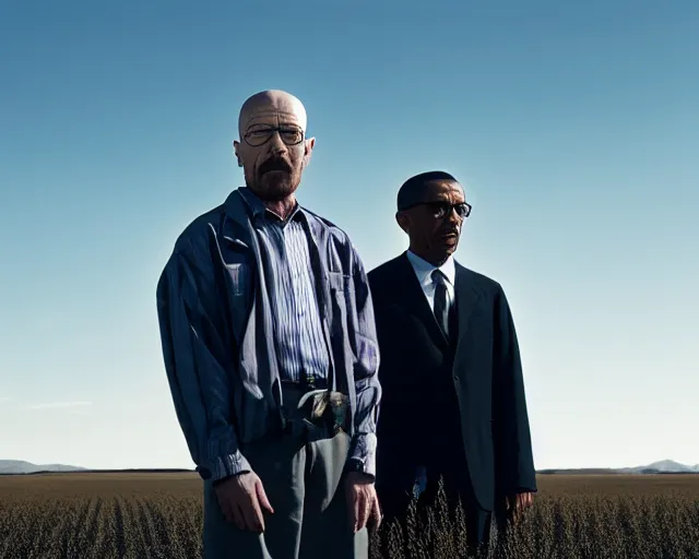 Image similar to walter white standing in front of gustavo fring in a wheat field, side view, 3 5 mm photograph, 8 k resolution, wide shot, sharp lens