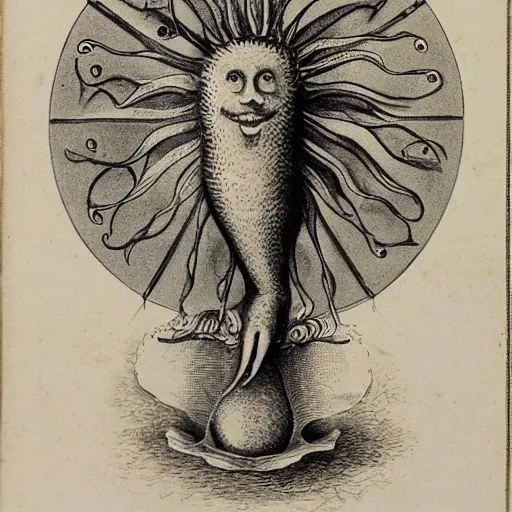 Image similar to whimsical freaky creature sings a unique canto about \'as above so below\' being ignited by the spirit of Haeckel and Robert Fludd, breakthrough is iminent, glory be to the magic within