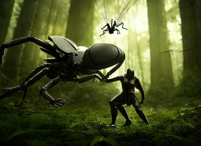 Image similar to knight fights off a giant white spider in a forest. highly detailed 8 k. intricate. lifelike. soft light. fantasy horror style. cinematic post - processing