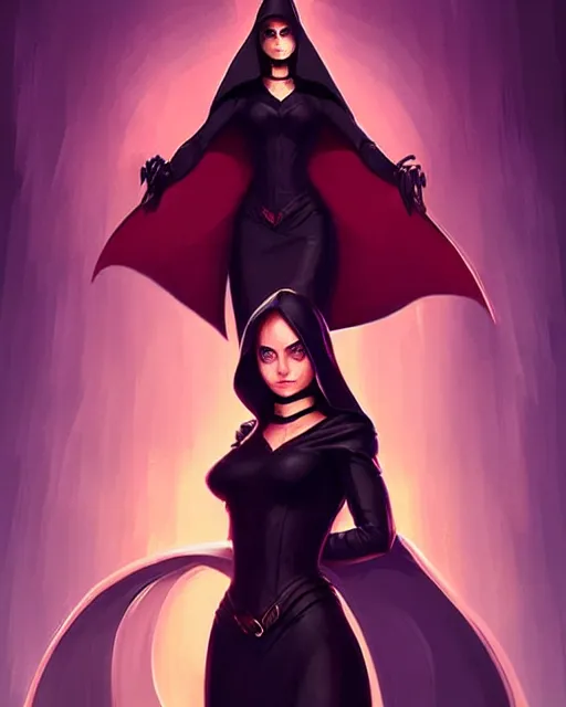 Prompt: style of raphael lacoste, artgerm : : gorgeous willa holland : : evil witch, swirling black magic, black dress : : symmetrical face, symmetrical eyes : : full body pose : : gorgeous black hair : : magic lighting, low spacial lighting : :