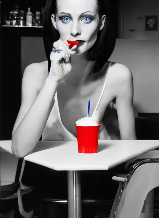 Prompt: a photograph of a woman with large blue eyes, thin nose, red lipstick and black bob with fringe, wearing a white shirt, seated at a table, drinking a milkshake with a straw, by Herb Ritts, medium format photography, Hasselblad, film