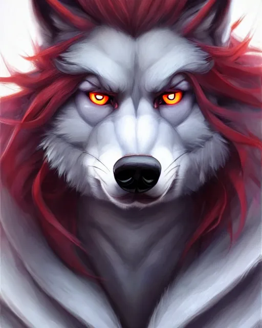 Prompt: character concept art of a dark grey anthropomorphic furry male wolf with long red hair | | cute - fine - face, pretty face, key visual, realistic shaded perfect face, fine details by stanley artgerm lau, wlop, rossdraws, james jean, andrei riabovitchev, marc simonetti, and sakimichan, artstation