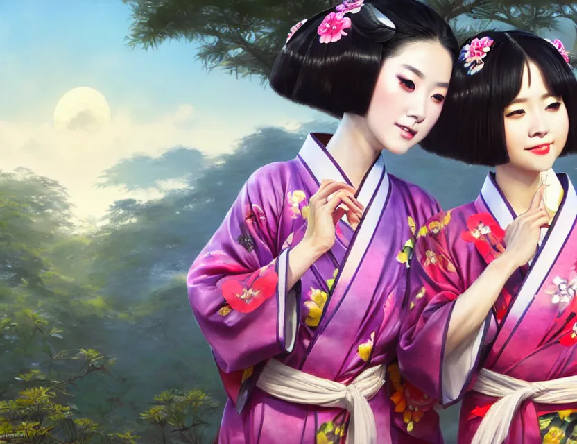 Prompt: two beautiful fashion taiwan girls wear fantasy yukata in festival | | big eyes, sunny, realistic shaded, smile, good looking, fine details, 4 k realistic, cryengine, realistic shaded lighting poster by greg rutkowski, magali villeneuve, artgerm, jeremy lipkin and michael garmash and rob rey