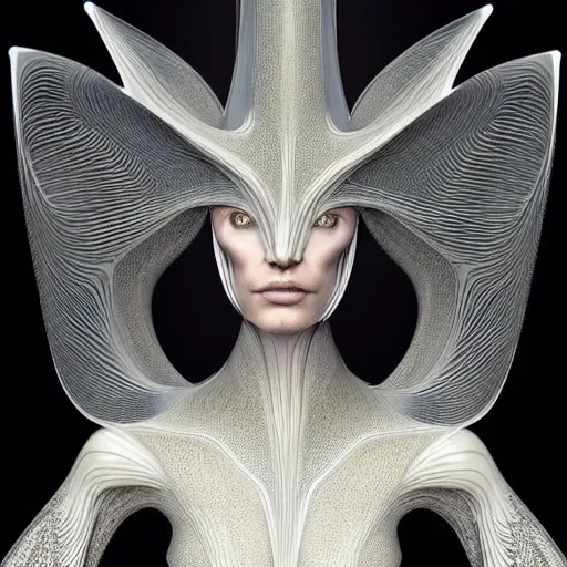 Image similar to dmt elf by zaha hadid, iris van herpen and rick owens. highly detailed, hyper - real, very beautiful, intricate fractal details, very complex, opulent, epic, mysterious, polished, futuristic design, trending on deviantart and artstation