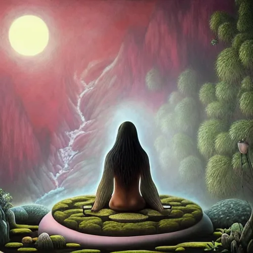 Image similar to an athromorphic wolf character meditating in a zen garden with a waterfall under the blood moon, by Adi granov and afarin sajedi and amanda sage and evgeni gordiets and Agostino Arrivabene and adonna khare in a psychedelic portrait style, ultrarealistic matte painting, volumetric lighting, fractal, extremely symmetrical, highly detailed face, orisha, 8k, hd