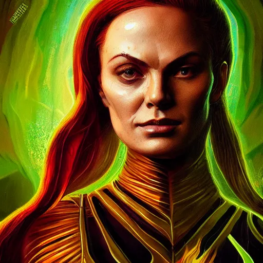 Prompt: full body portrait of jean grey, symmetry, hyperdetailed perfect face, green eyes, comic, phoenix rising, burning flames, intricate, detailed, volumetric lighting, scenery, digital painting, highly detailed, artstation, sharp focus, illustration, concept art, ruan jia, steve mccurry