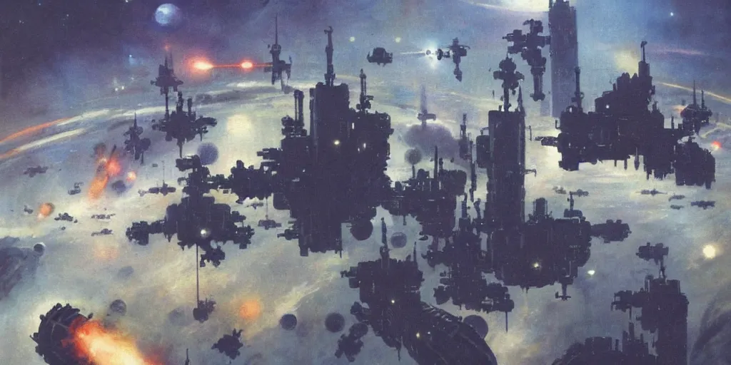 Image similar to a painting of low earth orbit space city under war by john harris.