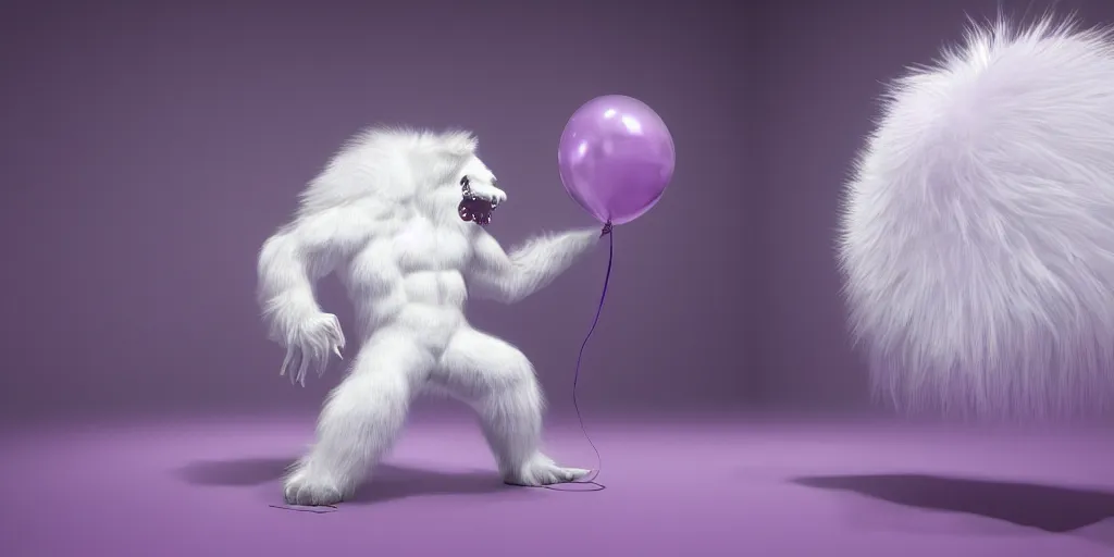 Prompt: a photo of white fur monster standing in a purple room, standing with balloon, horror, hyper realistic, detailed, trending on artstation