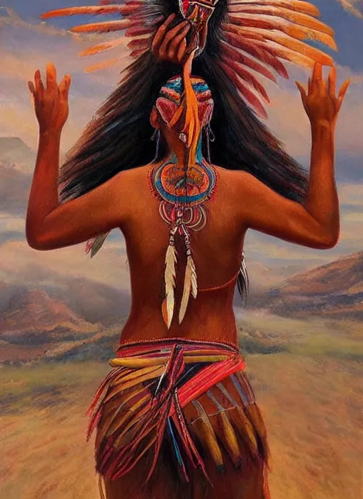 Image similar to a beautiful painting of an indigenous woman seen from behind, holding up her arms to the sky, full body, matte painting, fantasy art, ayahuasca, highly detailed