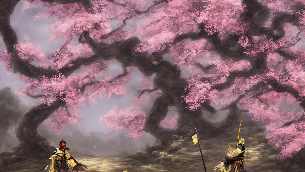 Prompt: beautiful japanese painting of an armoured samurai meditating under a blossom tree, realistic, digital painting, concept art, matte painting, cinematic night lighting, 8 k, highly detailed, detailed terrain