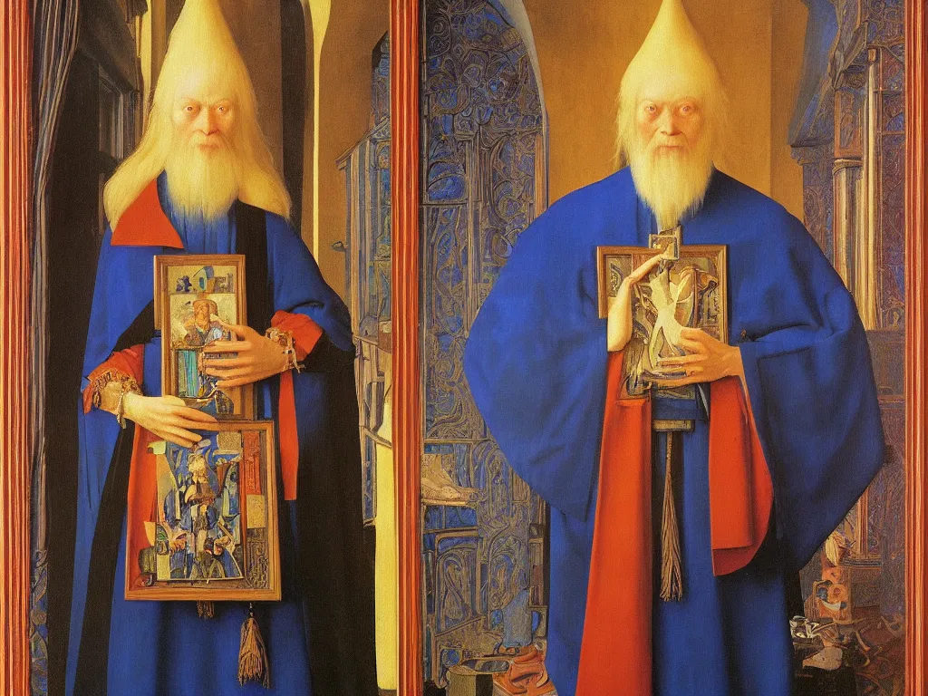 Image similar to Portrait of albino mystic with blue eyes, with Christian Orthodox icon. Painting by Jan van Eyck, Audubon, Rene Magritte, Agnes Pelton, Max Ernst, Walton Ford