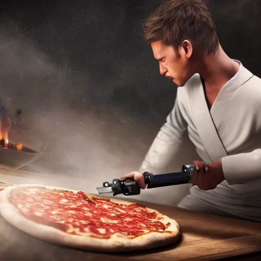 Prompt: a jedi using his lightsaber to cook a pizza, 8 k, cinematic, hd, photorealistic, exquisite detail, kitchen