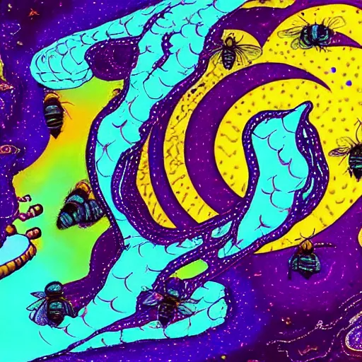 Prompt: couch flying through space with honey bees psychedelic trippy eldritch horror