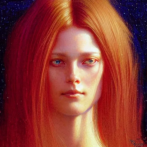 Prompt: Facial portrait of a cute shy woman, looking away from the camera, seductive smile, sparkle in eyes, lips slightly parted, long flowing hair, no hands visible, intricate, extremely detailed painting by Jean Delville and by Greg Rutkowski and by Moebius, vibrant colors, golden hour