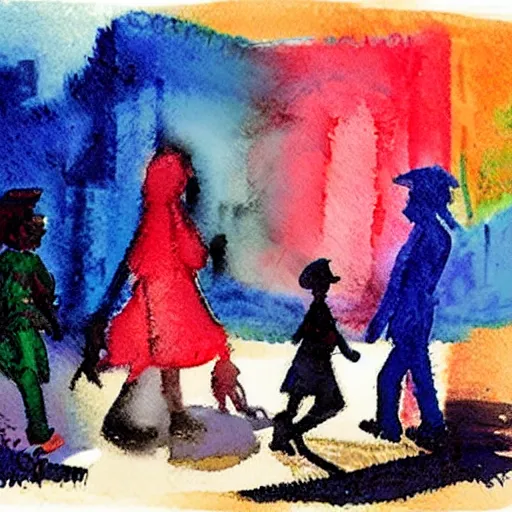 Image similar to “children’s book illustration of children playing in street while spectral figure watches in background, ominous, artist’s guache with watercolor overlay”