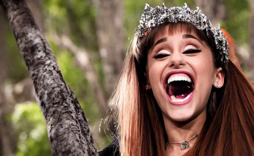 Image similar to ariana grande maniacally laughing in a dark forest