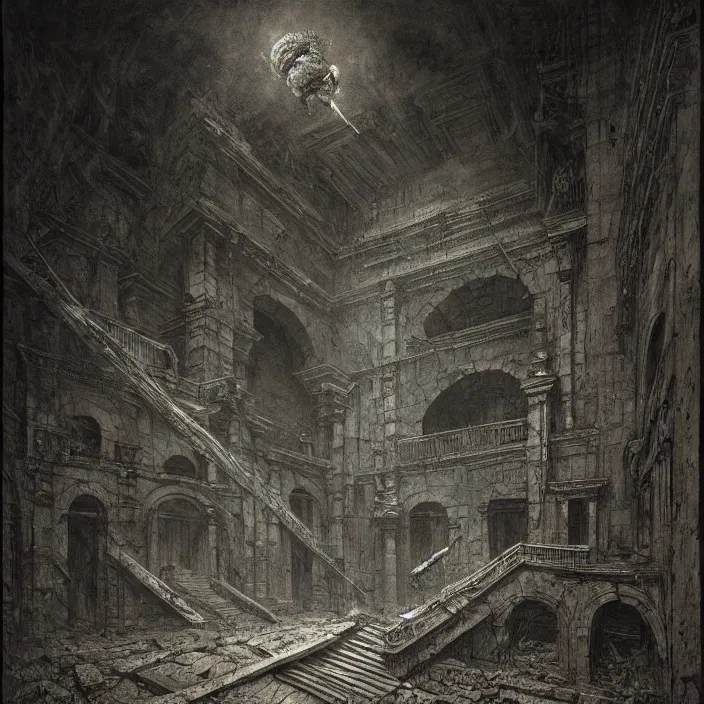 Image similar to piranesi's chamber, horror, dark, by piranesi and greg rutkowski, by zdzisław beksinski, hyper detailed, hd, 8 k