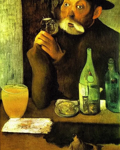 Image similar to The Absinthe Drinker By Edgar Degas painting by Hieronymus Bosch