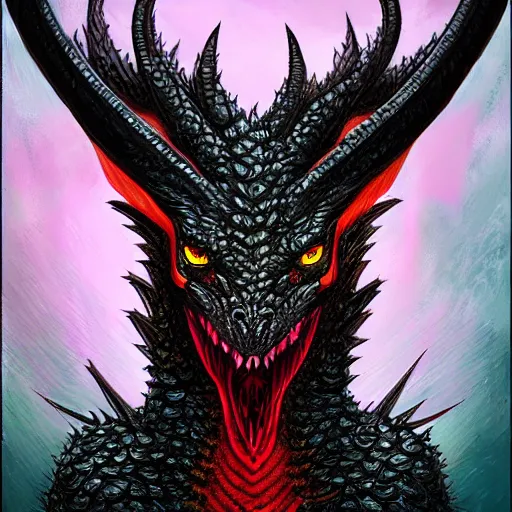 Image similar to a portrait of a dark entropy dragon, detailed, fantasy, scary, realistic, frightening, ornate, horns, spikes, fluorescent colors