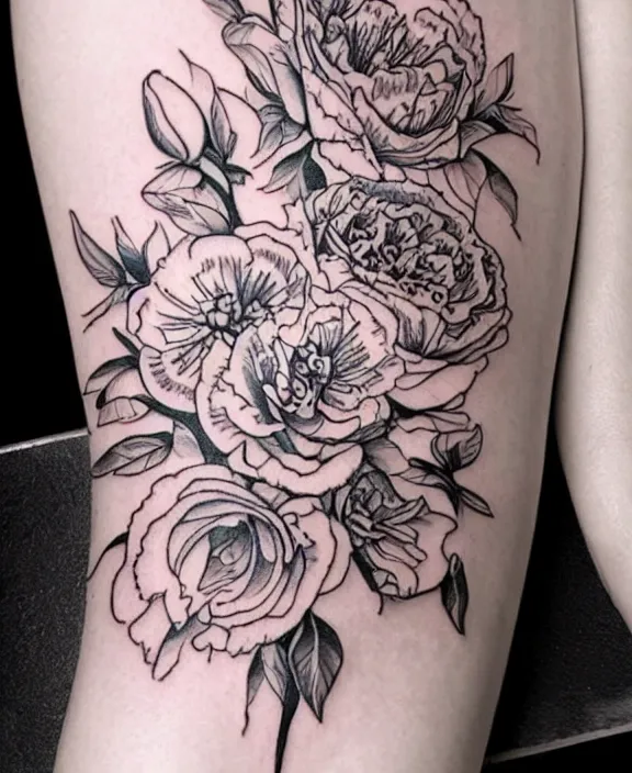 Prompt: amazing detailed tattoo line work stencil of carnations roses peonies and limonium flowers delicate and feminine