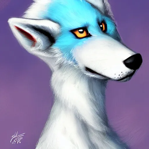 Image similar to furry ( fandom ) art of a cute anthropomorphic white wolf with blue accents and blue eyes, digital art, painting, trending on furaffinity