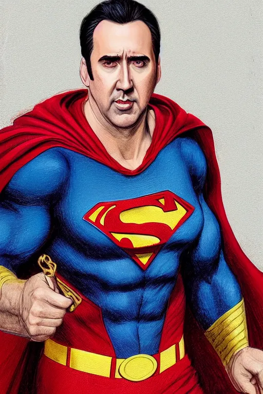 Prompt: Portrait of Nicolas Cage as superman cinematic lighting, intricate, elegant, highly detailed, digital painting, artstation, painted by Artgerm and Mark Waid and Greg Rutkowski and Mandy Jurgens