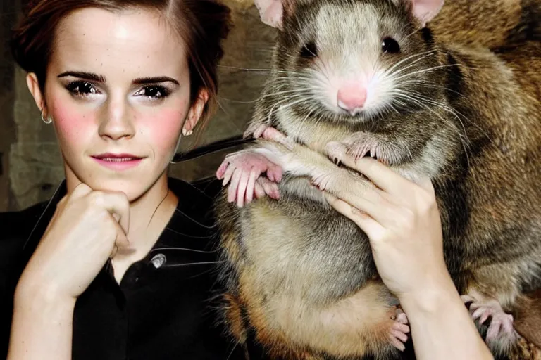 Image similar to photo, emma watson as anthropomorphic furry - rat, 6 5 4 3, she is a real huge fat rat with rat body, cats! are around, eating cheese, highly detailed, intricate details