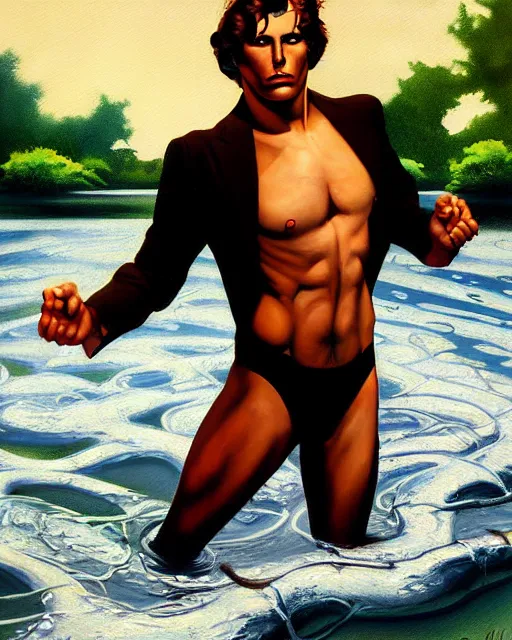 Image similar to a painting of a beautiful man in the river, an ultrafine detailed painting by howard chaykin, by mark brooks, centered full body, featured on deviantart, fantasy art, detailed painting, deviantart, anime