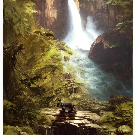 Prompt: Gargantuan stone robot resting in front of a waterfall inside a forest, oil painting, by Greg Rutkowski