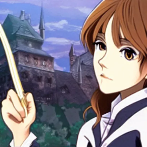 Image similar to emma watson as hermione granger as an anime character, holding a wand, anime hogwarts in the background