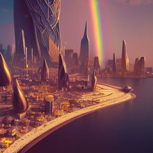 Prompt: a golden fantasy sci fi luxurious city with cerulean oceansides and a rainbow hard light bridge, scandinavian / norse influenced, cinematic, ray traced, octane render, cinematic lighting, ultrarealistic, featured on artstation, 8 k uhd artwork