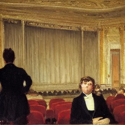 Image similar to a young man watching an actress on stage in an old theater, by alfred stevens