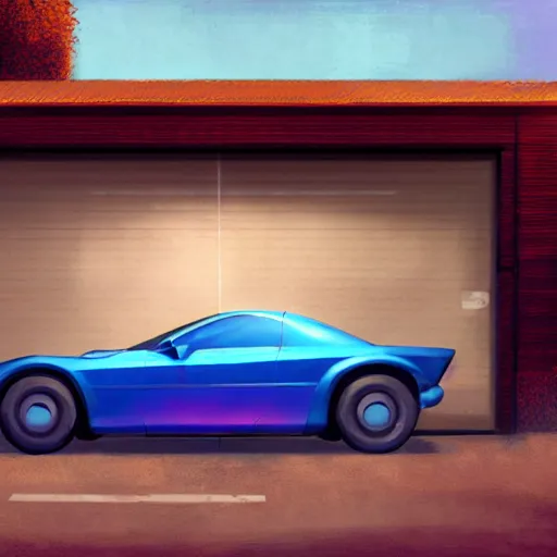 Image similar to concept art of a retro mazda in front of a garage, greg rutkowski, 8 k, highly detailed, neon colors, volumetric lighting