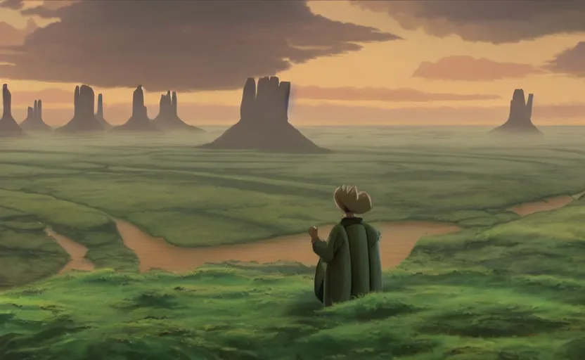 Prompt: a hyperrealist cell - shaded cartoon movie still from howl's moving castle ( 2 0 0 4 ) of a city in a flooded stonehenge monument valley. a rainforest is in the background with shafts of sunlight from above. very dull muted colors, hd, 4 k, hq